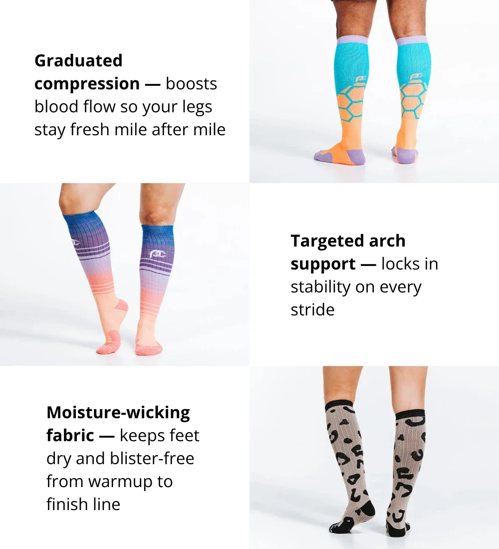 Graduated compression — boosts blood flow so your legs stay fresh mile after mile Targeted arch support — locks in stability on every stride Moisture-wicking fabric — keeps feet dry and blister-free from warmup to finish line