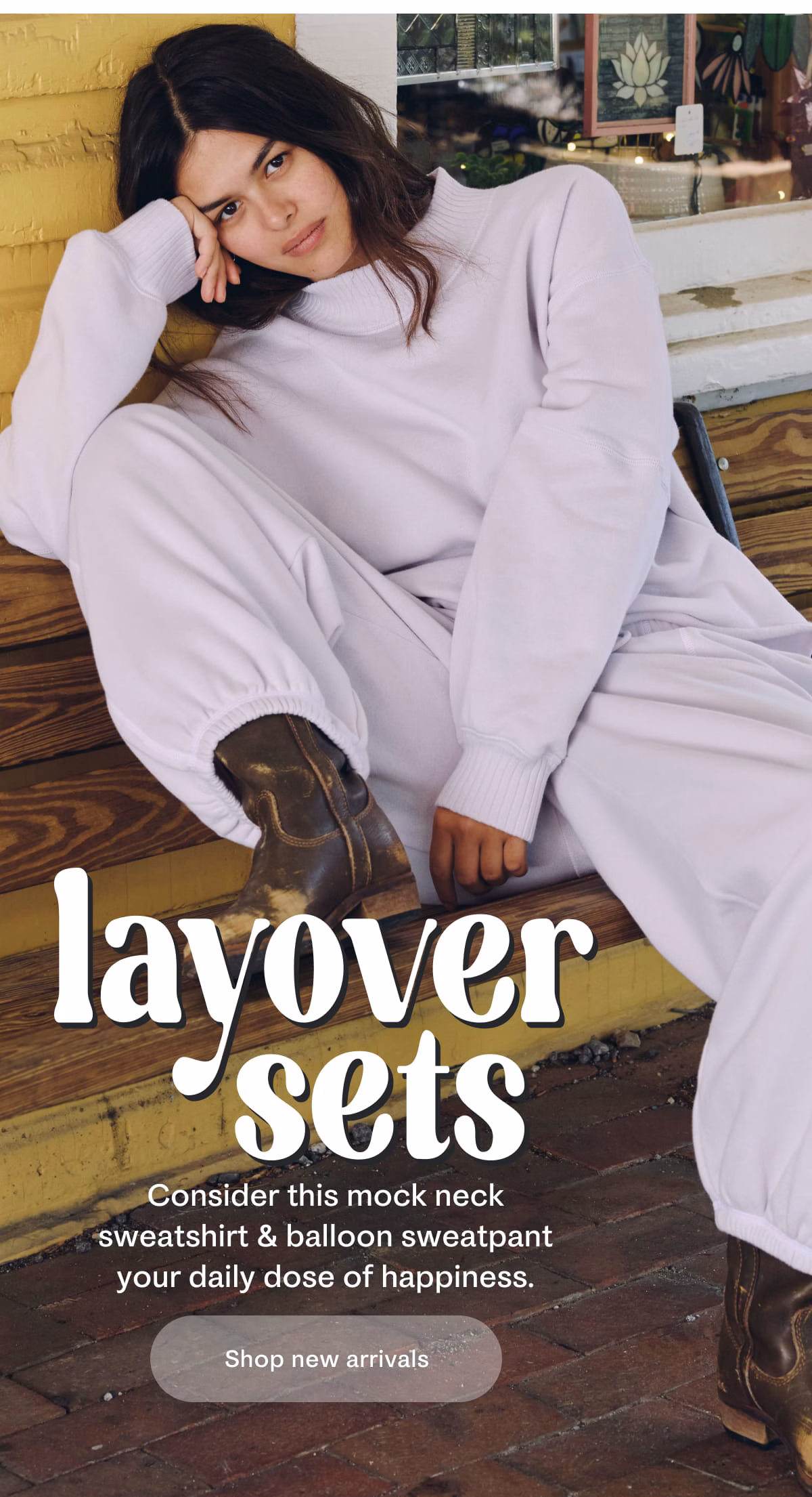 Layover Sets | Consider this mock neck sweatshirt & balloon sweatpant your daily dose of happiness. | Shop new arrivals 