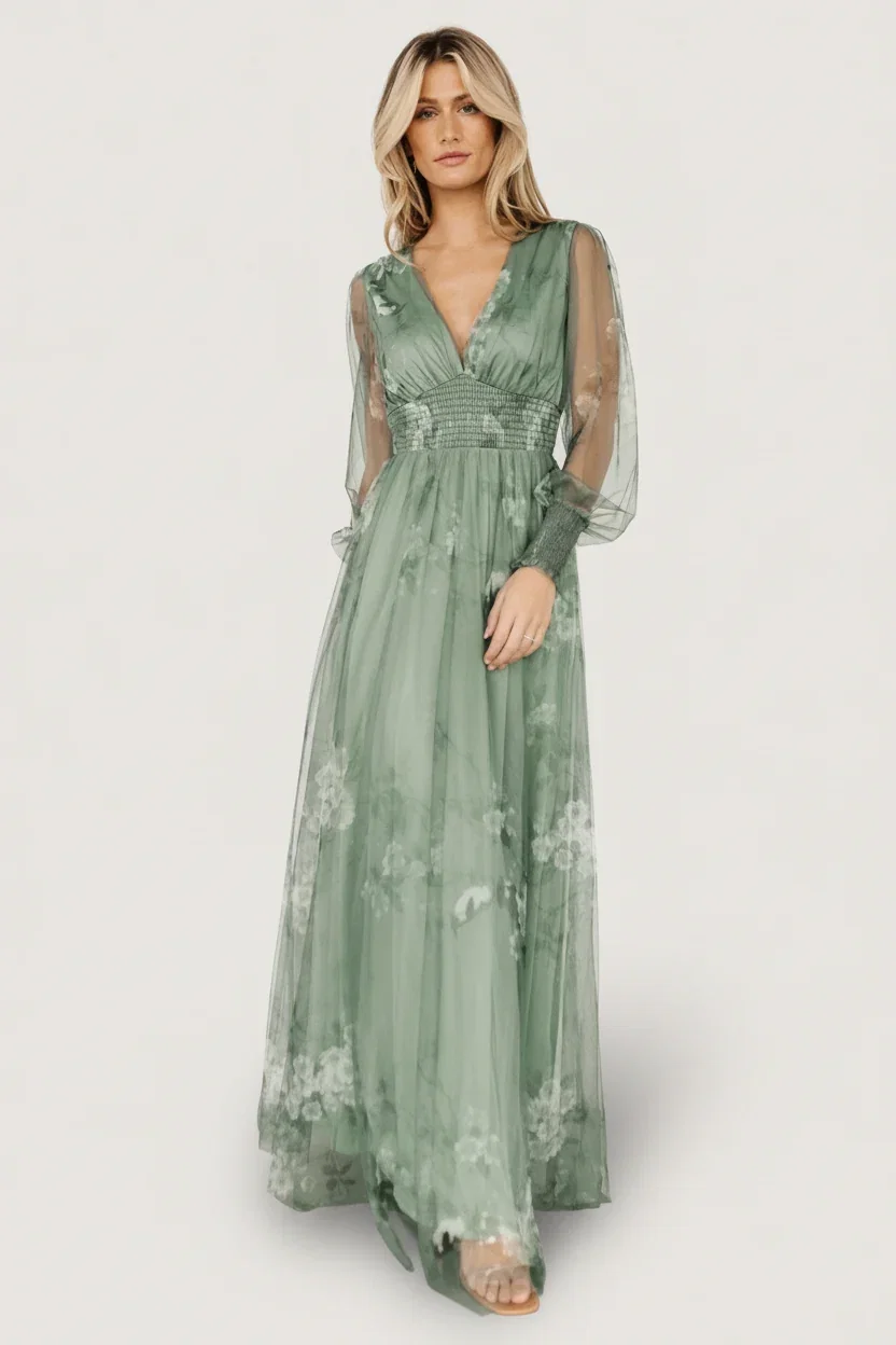 Image of Layla Tulle Maxi Dress | Dusty Green Floral
