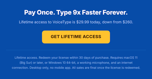 VoiceType AI Voice-to-Text: Lifetime Subscription (20k Words/Month)