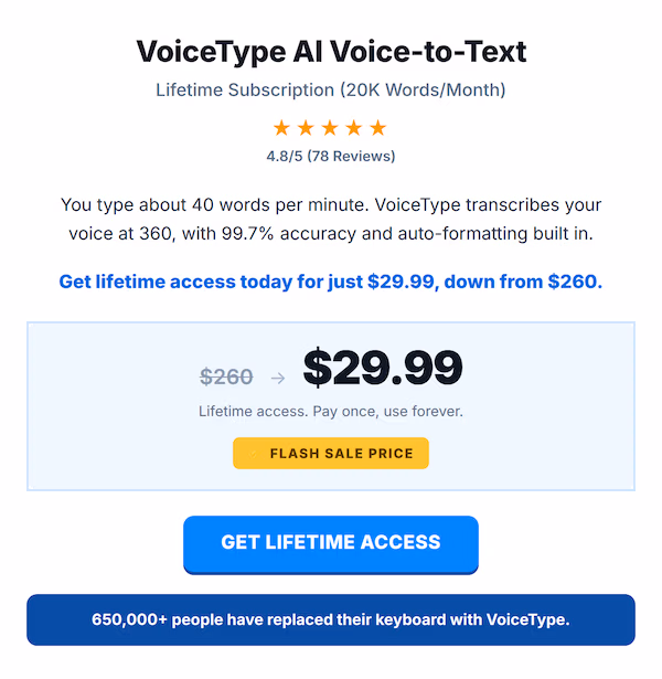 VoiceType AI Voice-to-Text: Lifetime Subscription (20k Words/Month)