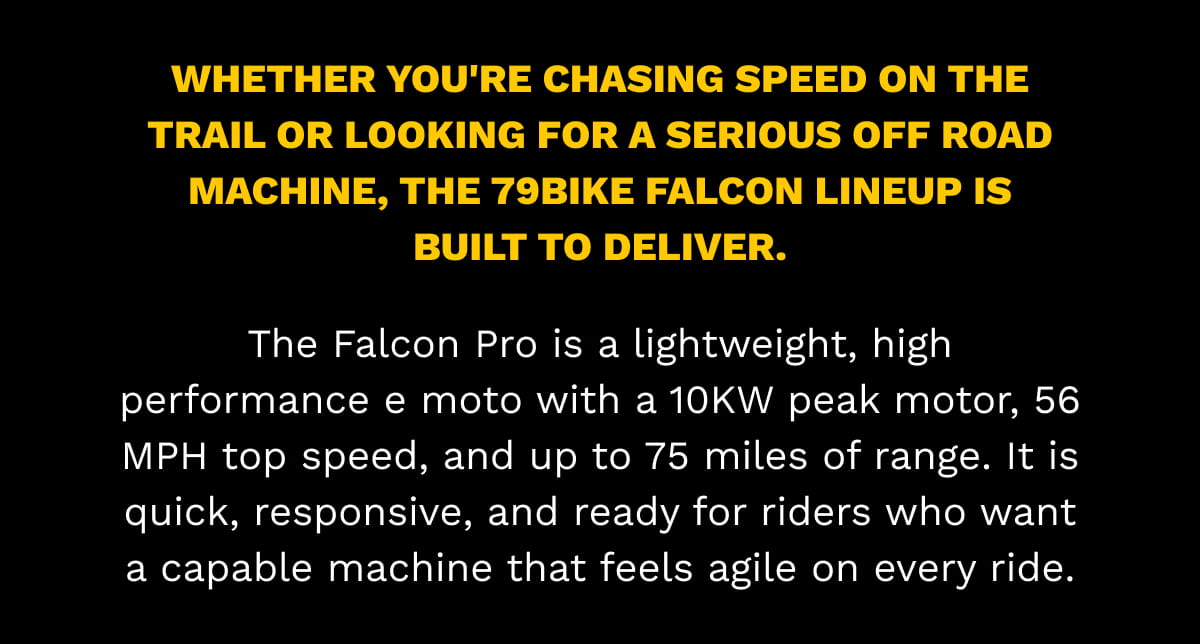 Whether you're chasing speed on the trail or looking for a serious off road machine, the 79Bike Falcon lineup is built to deliver.