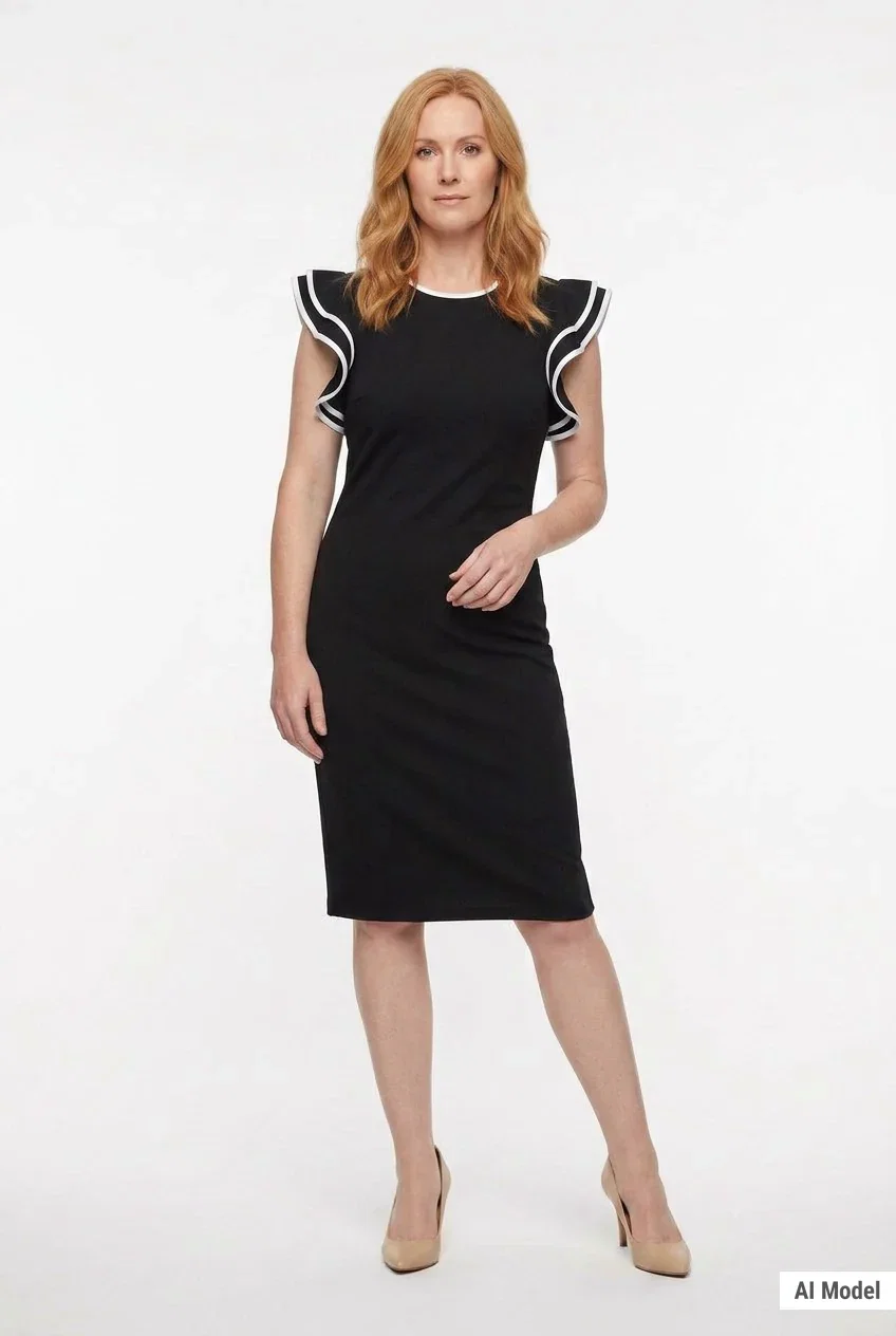 Image of Ruffle Sleeve Dress with Contrast Tipping, Petite