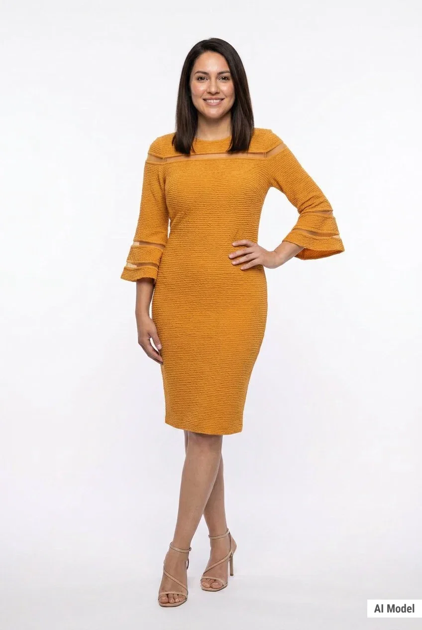 Image of Long Bell Sleeve Midi Dress with Contrast Striping, Petite
