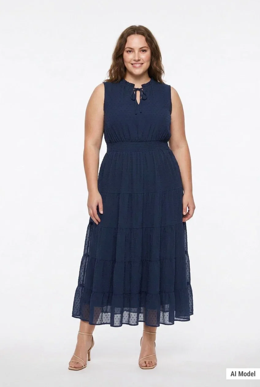 Image of Sleeveless Tiered Swiss Dot Maxi Dress, Plus