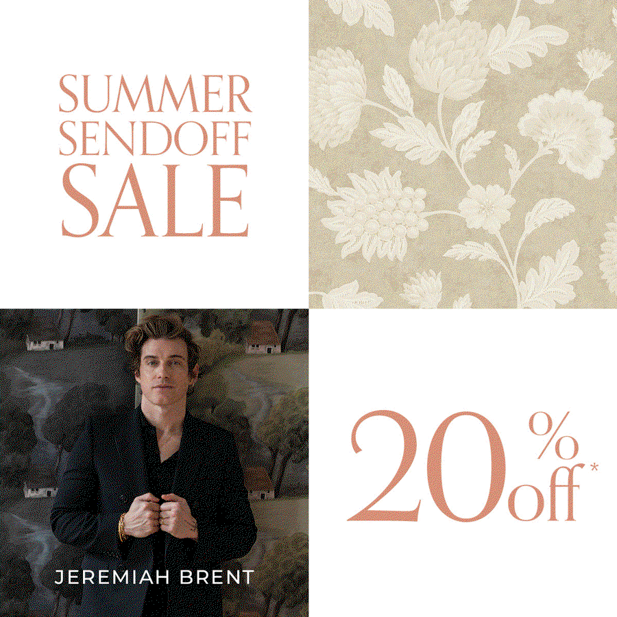 Gif image alternating patterns of Tempaper wallpaper and designers Bobby Berk, Jeremiah, Brent, She She, Pure Salt, and The Novogratz . Text Summer Sendoff Sale 20% off"