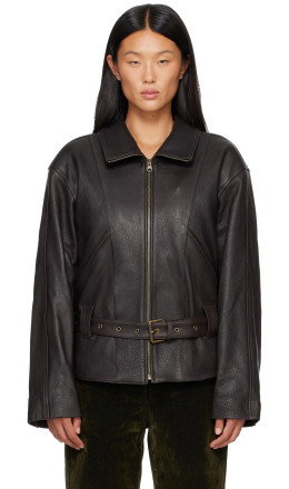 Brown Belted Leather Jacket - OPEN YY