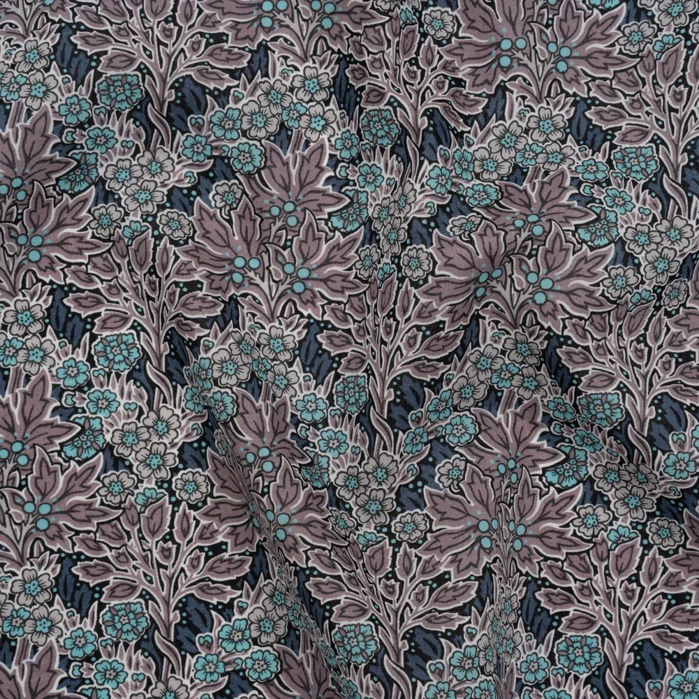 Image of Liberty Fabrics Tana Lawn® - Aubrey Forest Blue - Blue and Orchid Purple Leafy Floral Chevrons