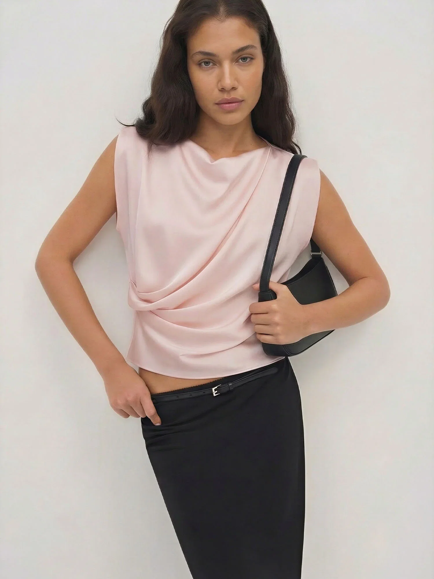Image of Draped Cowl Neck Sleevless Satin Rouched Top