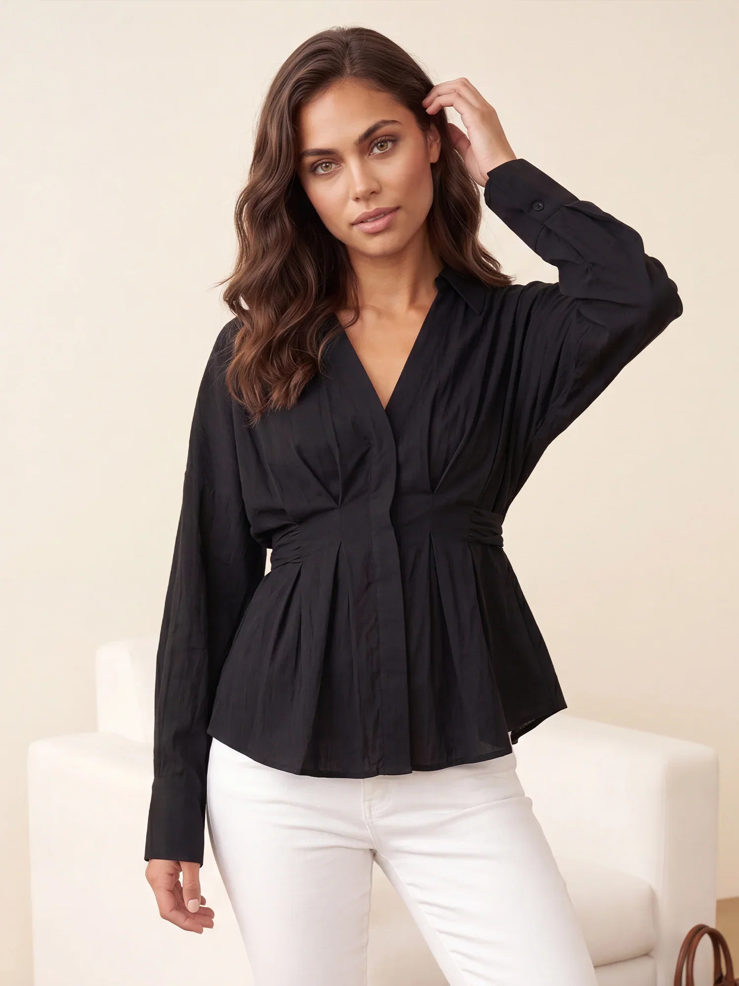 Image of Long Sleeve Pleated Waist Button Down Shirt