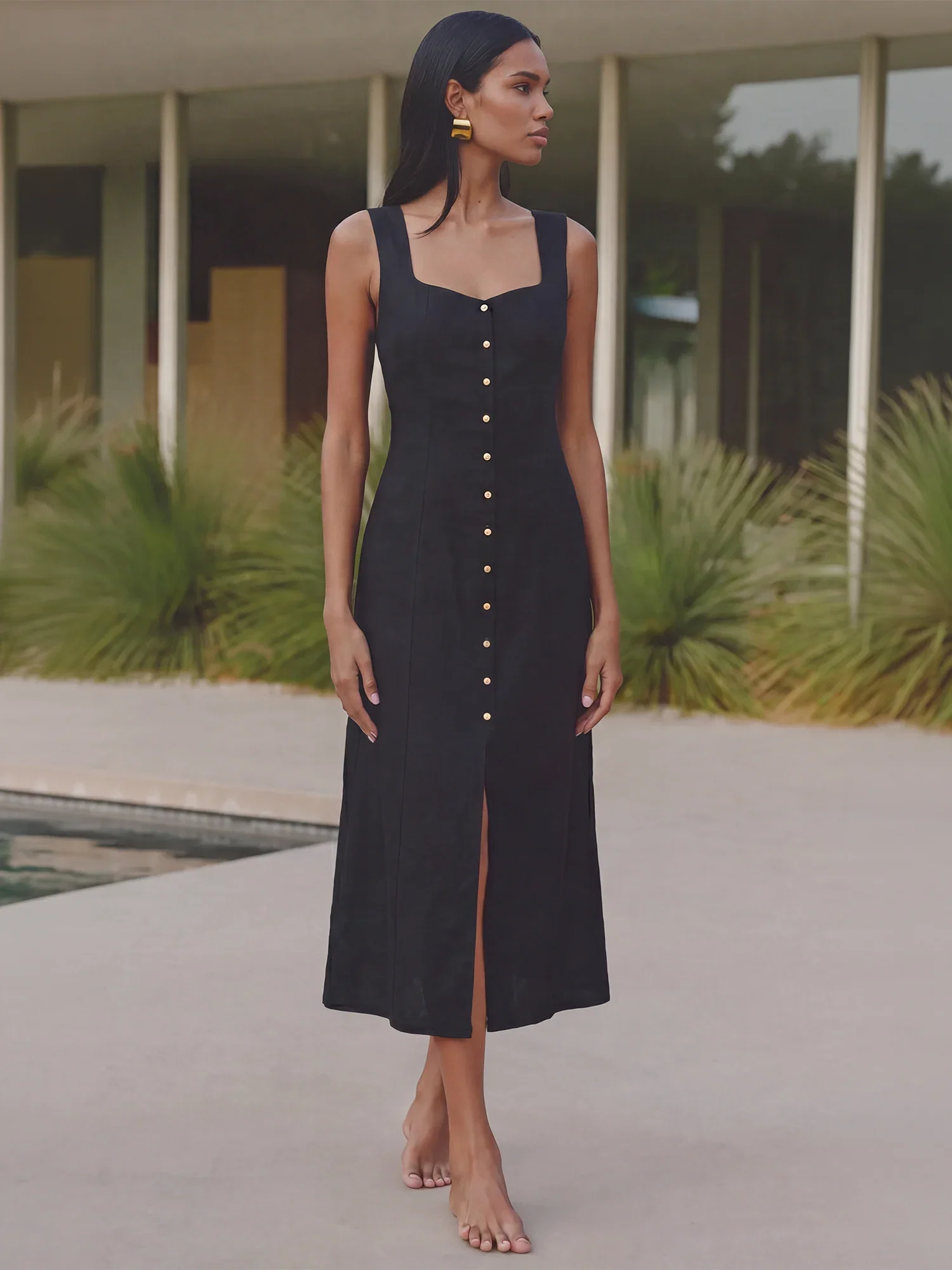Image of Sleeveless Button Down A Line Maxi Dress