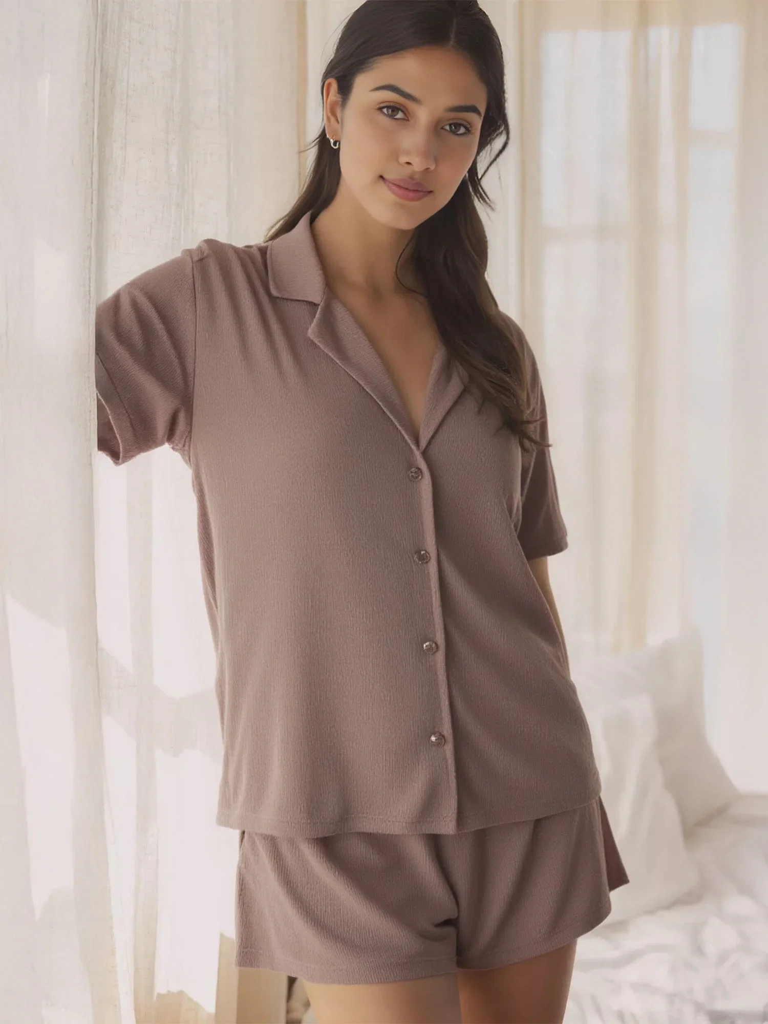 Image of Short Sleeves Knitted Gauze Notch Collar Pj Short Set