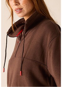 Close up image of a brown French terry quarter zip sweatshirt
