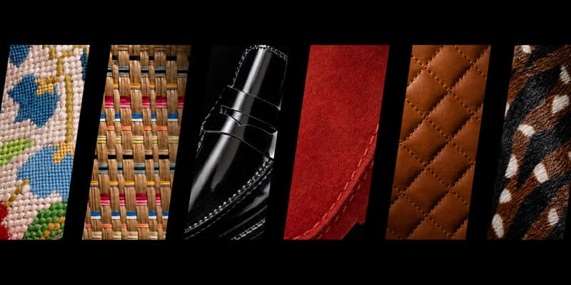 A row of SimplySoles designer shoes in raffia, woven leather, red leather, patent, and quilted styles