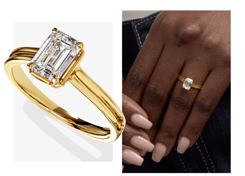 Emerald-cut diamond solitaire ring in yellow gold with a sleek split-shank band.