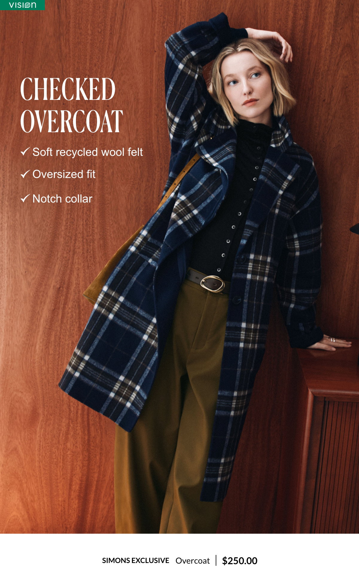 Woman wearing a checked overcoat at 250.00$