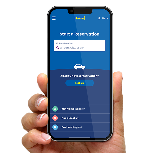 A hand holding a phone with the Alamo App open.