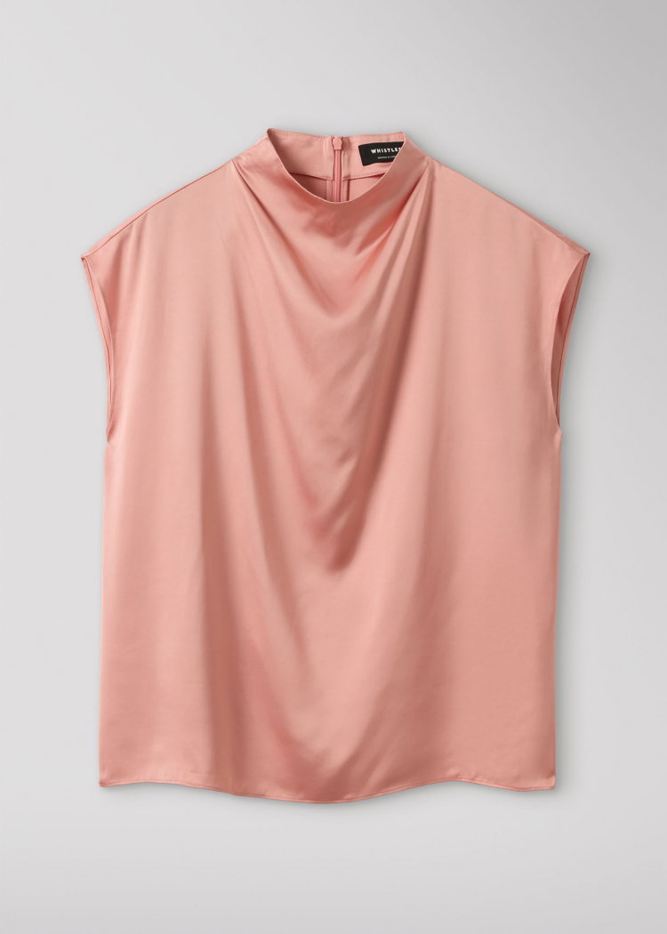 Pale Pink Cowl Neck Satin Sleeveless Top