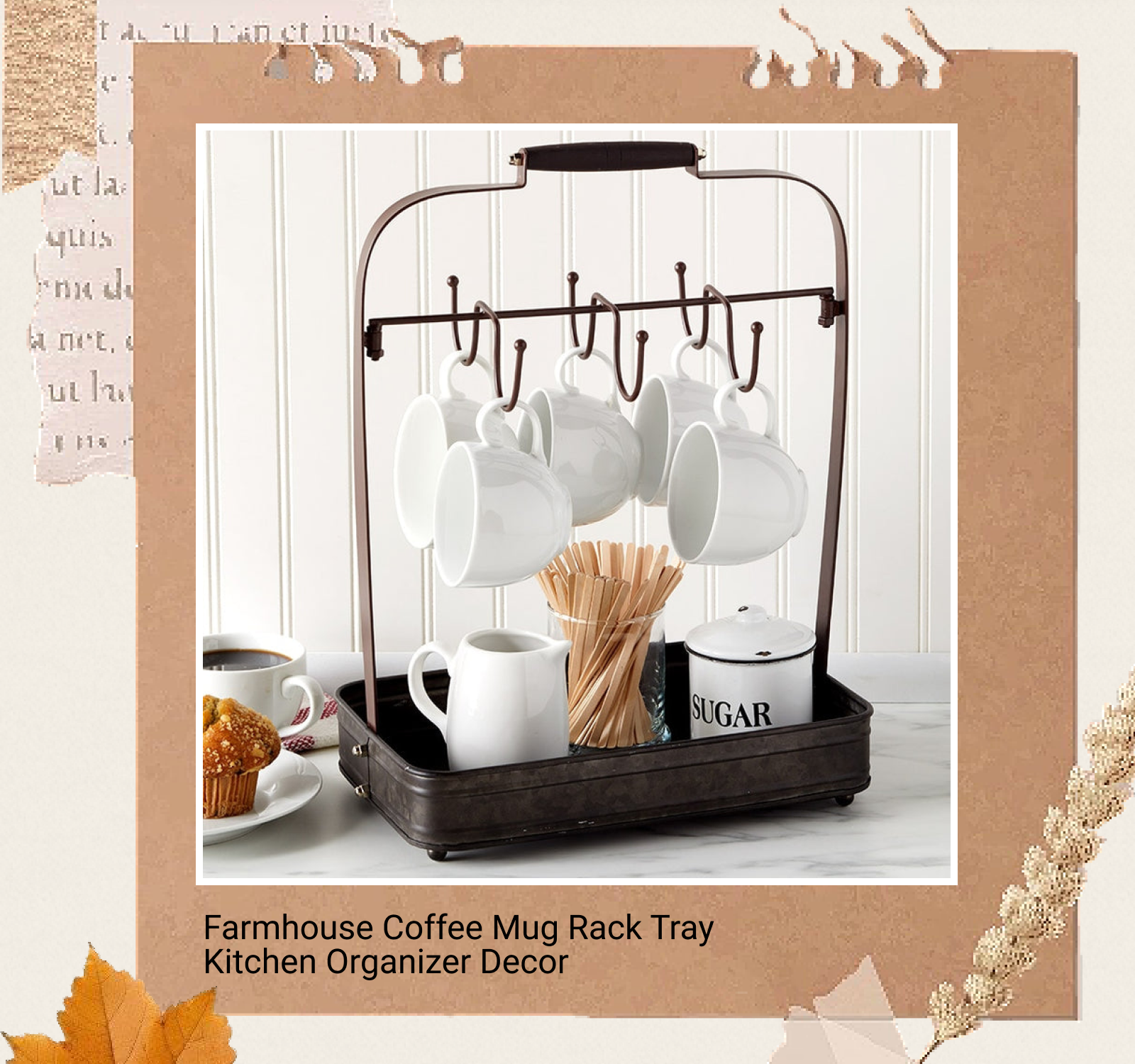 Farmhouse Coffee Mug Rack Tray Kitchen Organizer Decor Black