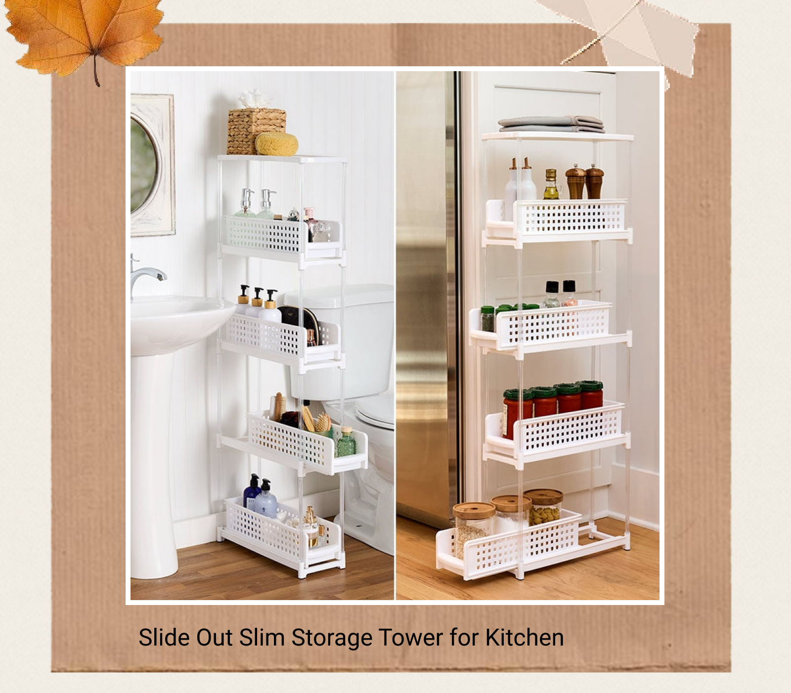 Slide Out Slim Storage Tower for Kitchen - 3 or 4 Drawer
