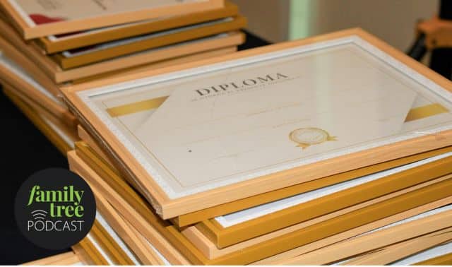 A stack of framed diploma certificates is displayed on a table, with a “family tree PODCAST” logo in the lower left corner of the image.