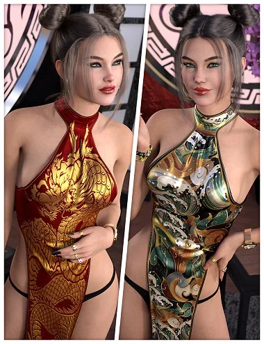 Oriental Textures for dForce SU Sexy High Slit Dress