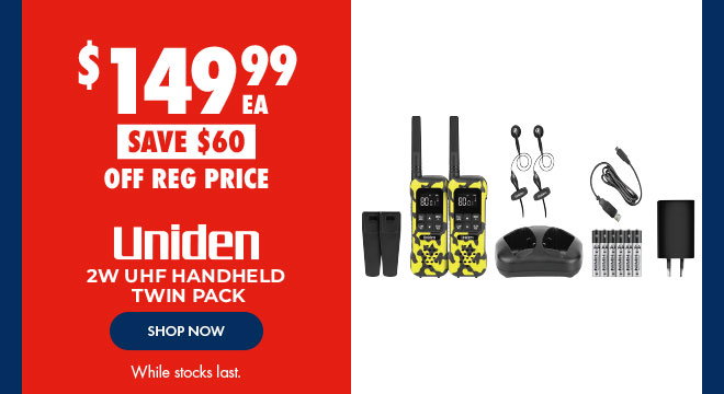 $149.99 Uniden 2W UHF Handeheld Twin Pack