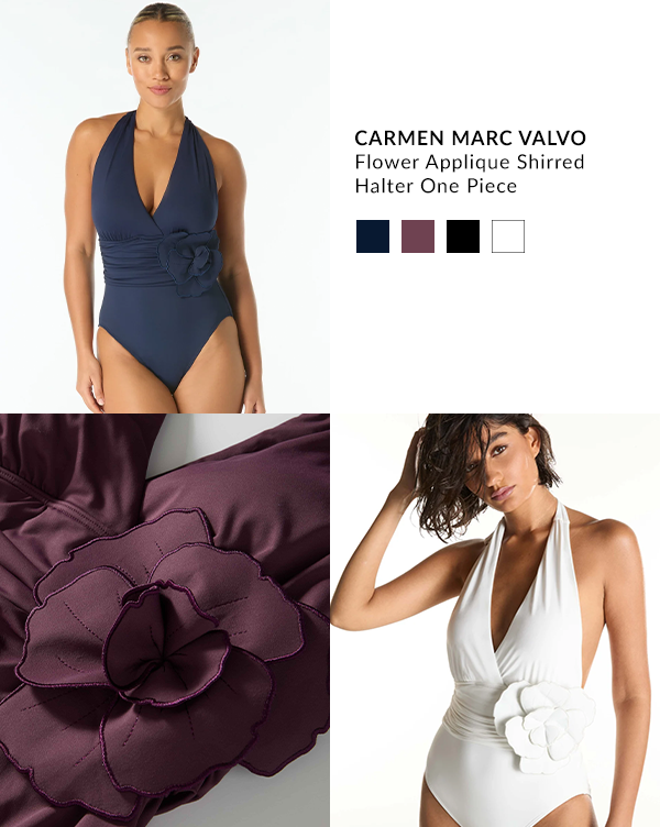 Shop the Carmen Marc Valvo Flower Applique Shirred Halter One Piece Swimsuit