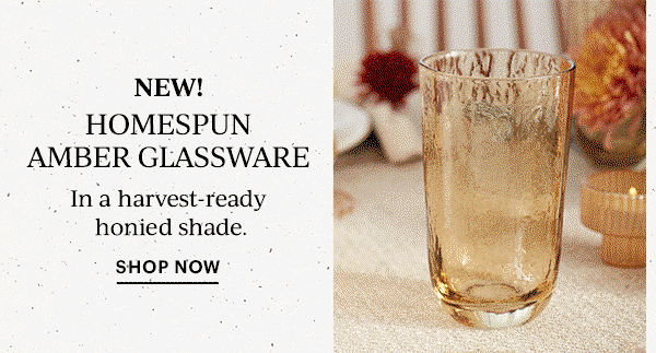 NEW!  HOMESPUN AMBER GLASSWARE  In a harvest-ready honied shade.  SHOP NOW