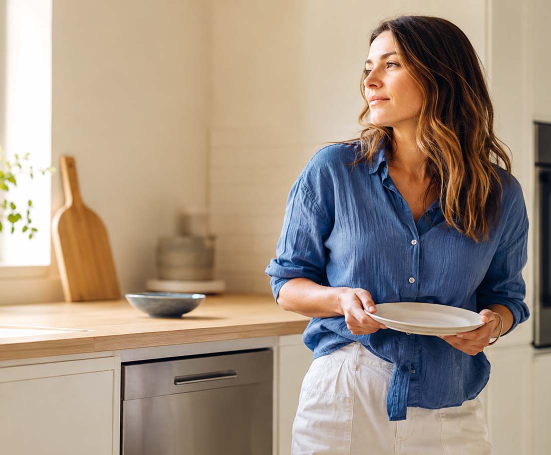 Woman holding a plate in a bright kitchen near a dishwasher and oven