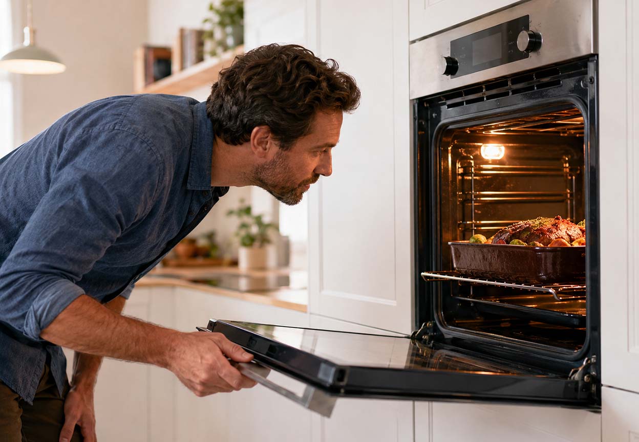 Man opens a heated oven to check a roasting dish inside