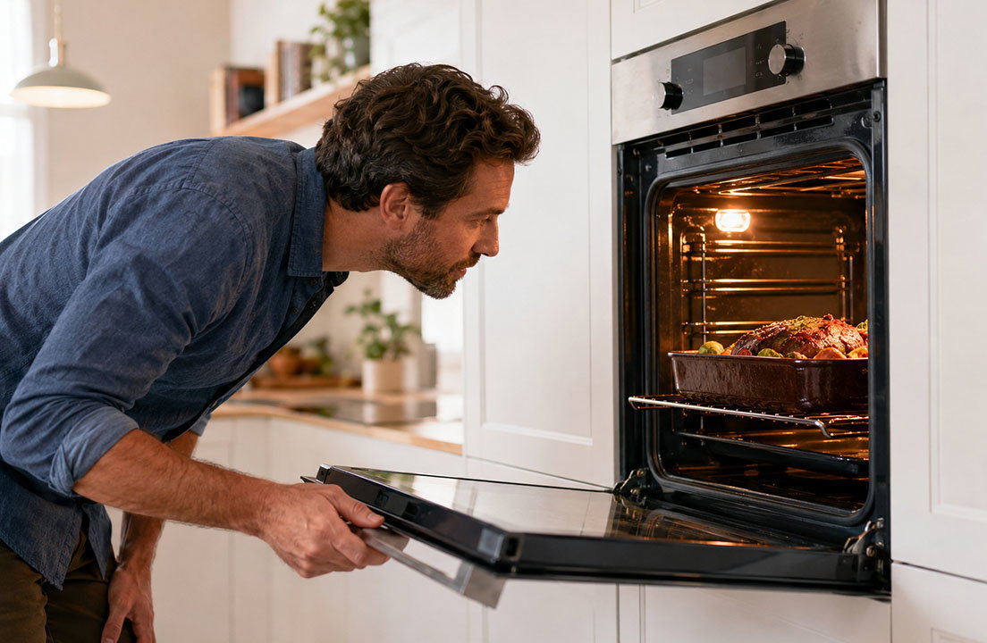 Man opens a heated oven to check a roasting dish inside