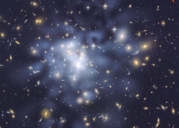 NASA Hubble Space Telescope image shows the distribution of dark matter in the center of the giant galaxy cluster.