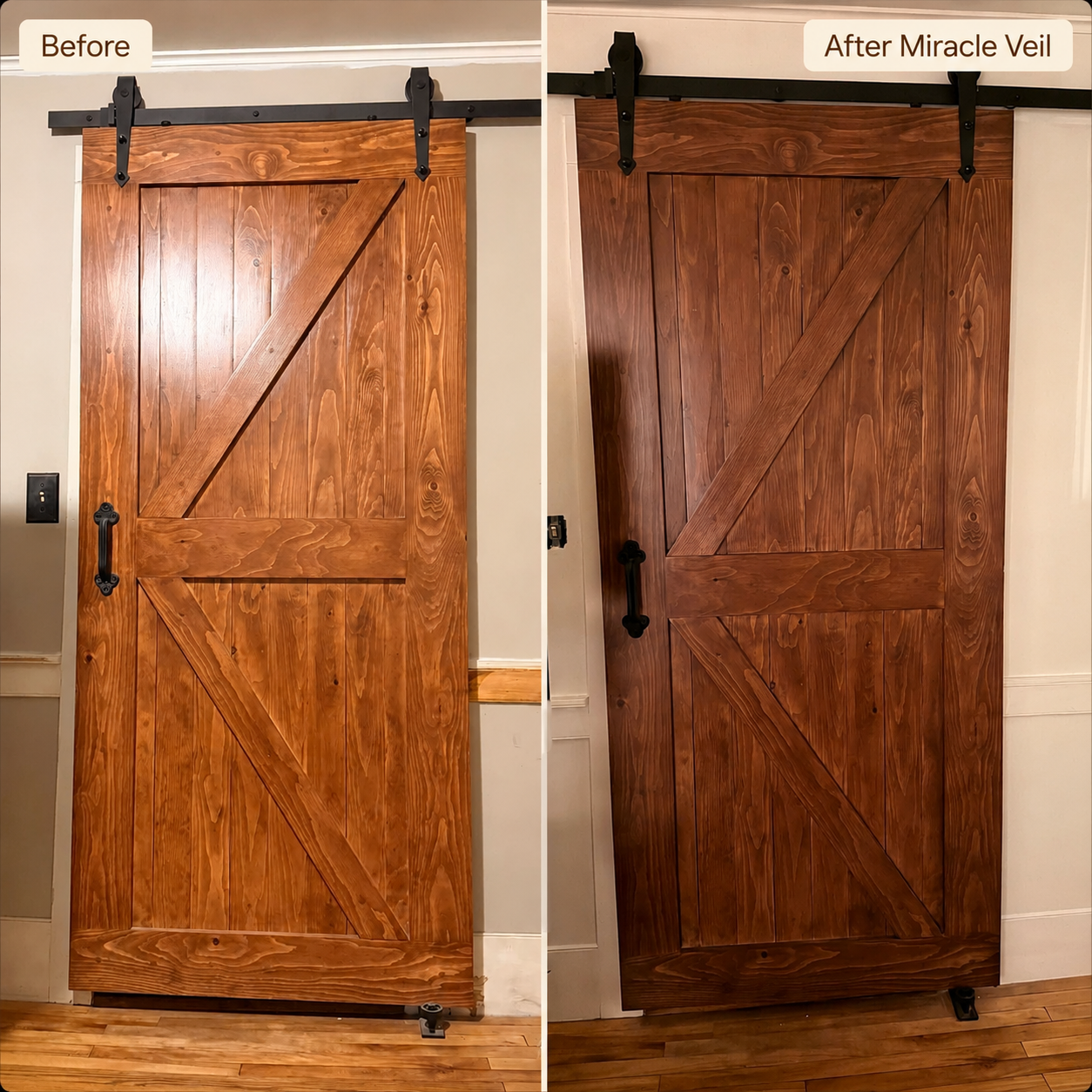 Customer barn doors before and after two coats of Miracle Veil™ Gold Toner, transforming golden wood into a richer brown tone.