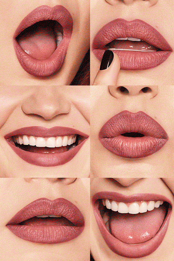 A collage of six close-up images of a model’s lips wearing Maybelline Super Stay Matte Ink Liquid Lip in shade Mover, a muted rosy-mauve shade, shown smiling, pouting, and in expressive open-mouth poses to highlight the smooth matte finish.