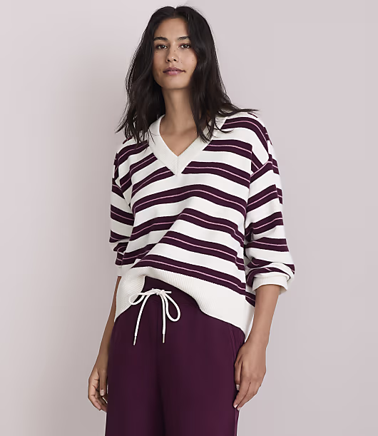 Lou & Grey Striped Dreamstitch Oversized V-Neck Sweater