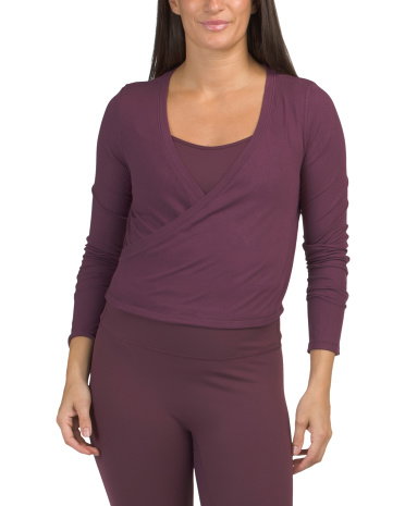 Milly Ribbed Crossover Long Sleeve Top for Women | Mauve | Size: L | Spandex/Rayon