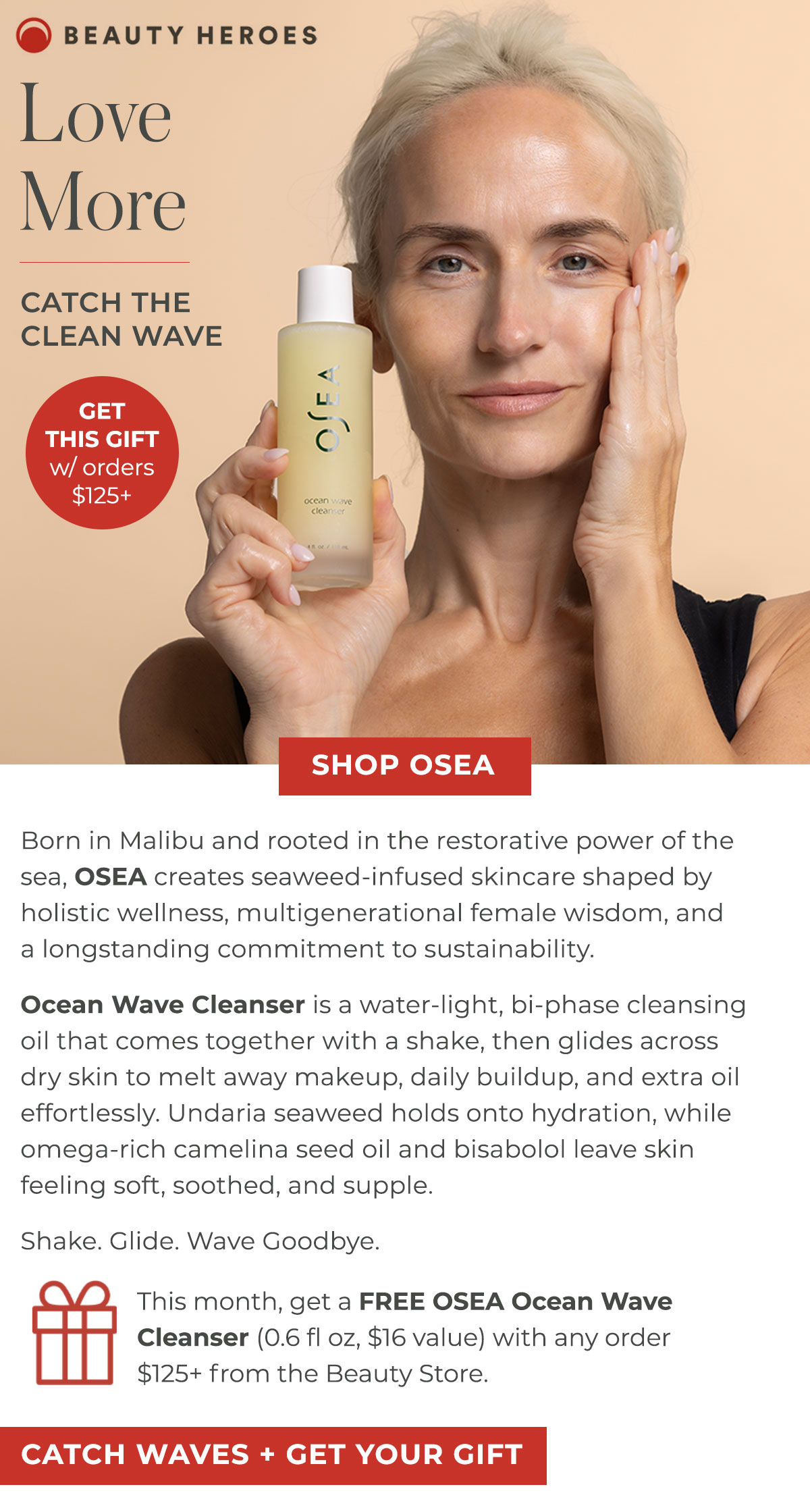 Love More | Ocean Wave Cleanser is a water-light, bi-phase cleansing oil that comes together with a shake, then glides across dry skin to melt away makeup, daily buildup, and extra oil effortlessly. 