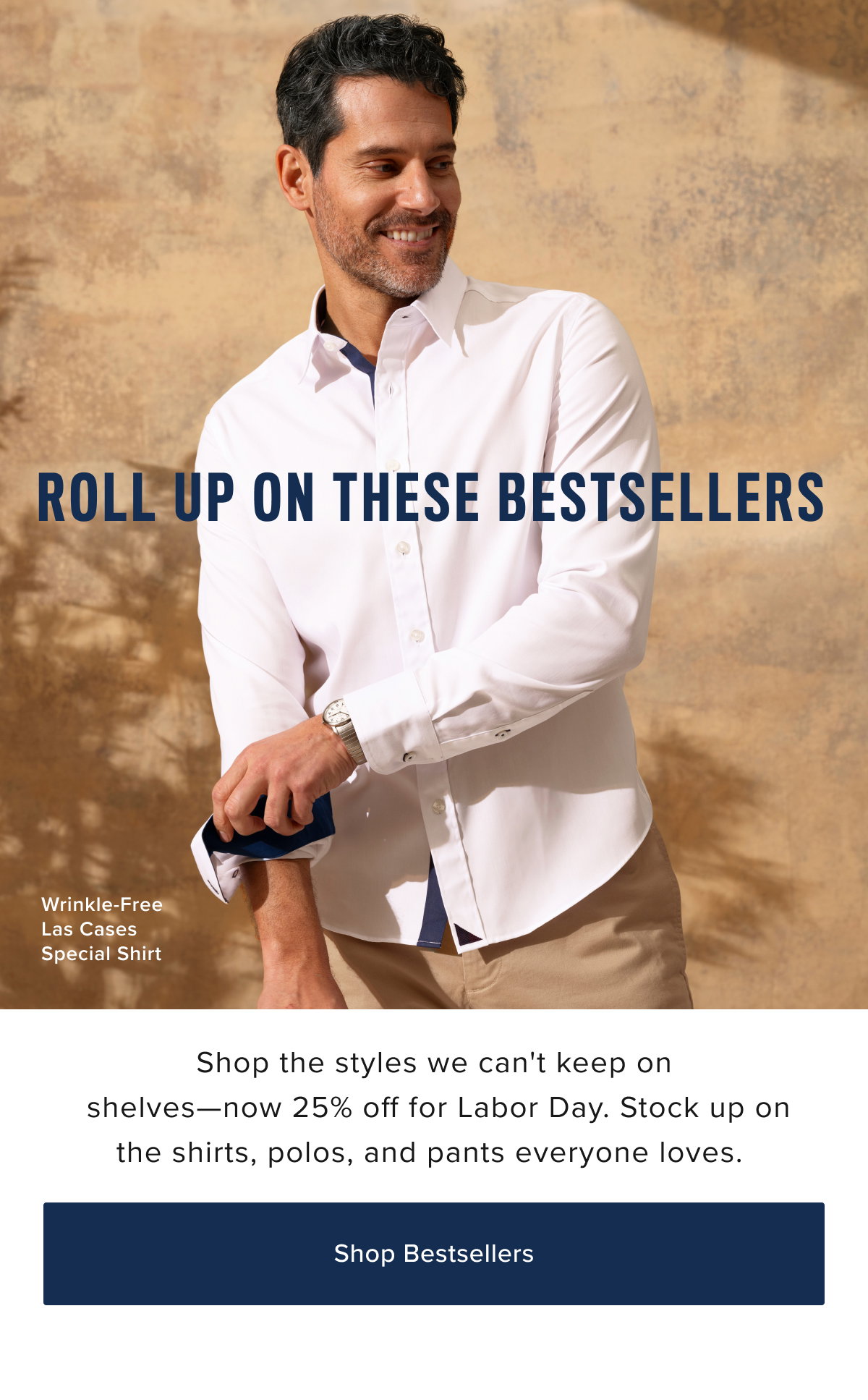 Model is wearing UNTUCKIt Las Case white shirt. 