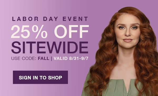 Model with long red waves against a purple background.