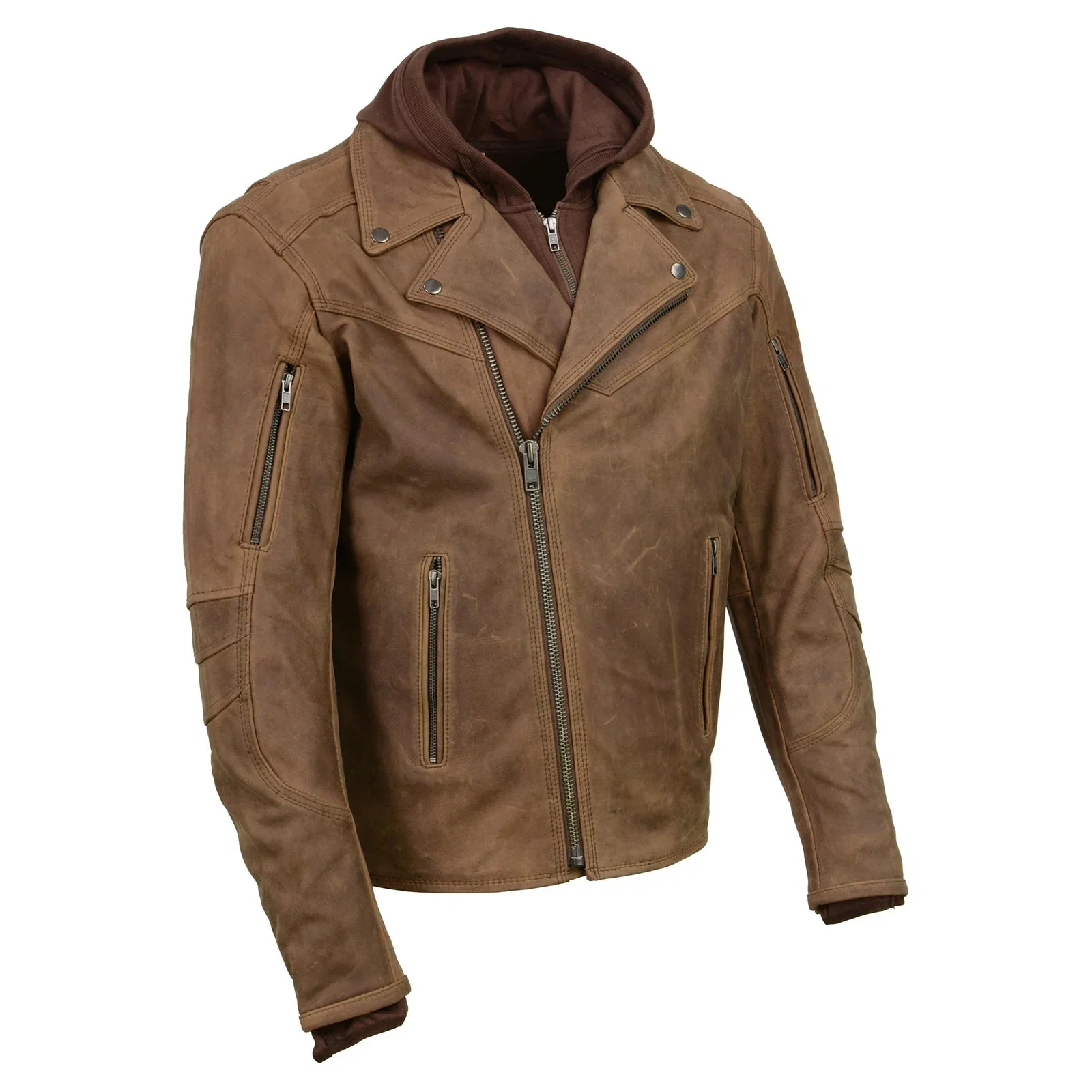 Image of Milwaukee Leather MLM1511 Men's 'Vagabond' Vintage Crazy Horse' Brown Leather Jacket w/ Removable Hoodie