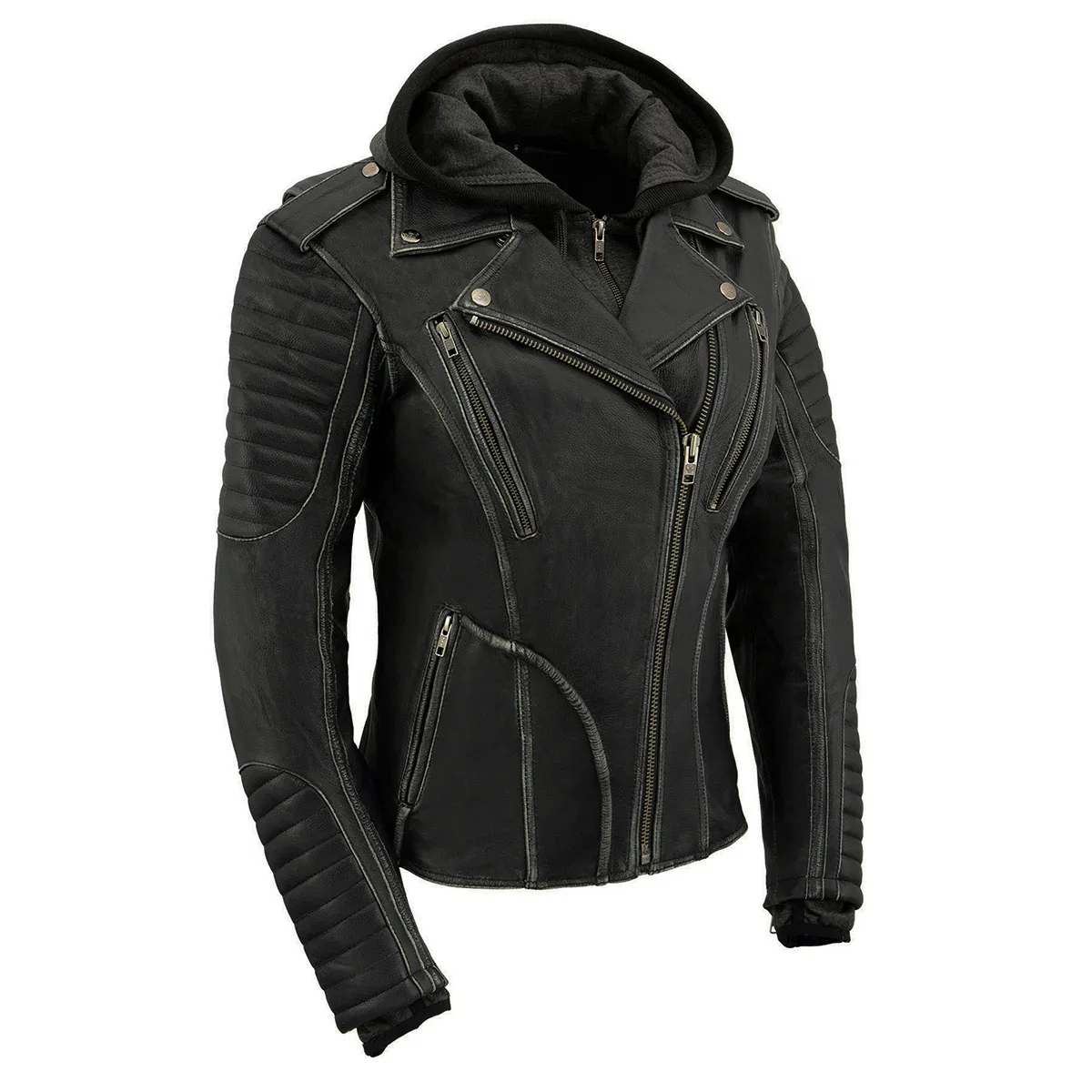 Image of Milwaukee Leather MLL2516 Black Leather Rub-Off Leather Jacket with Hoodie for Women