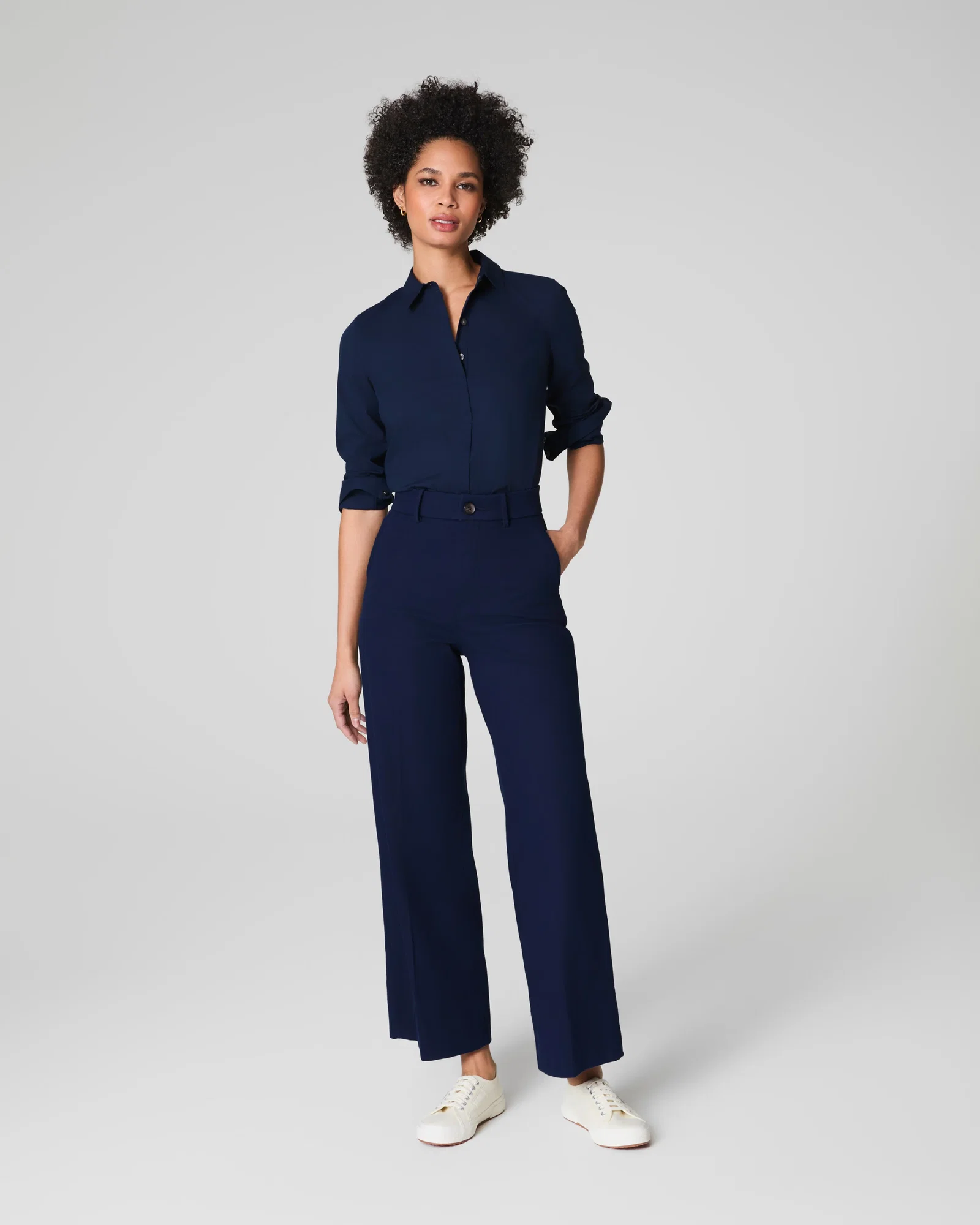 Image of Spanx Women's SPANXsupersmooth® Stretch Twill Cropped Wide Leg Pants in Timeless Navy