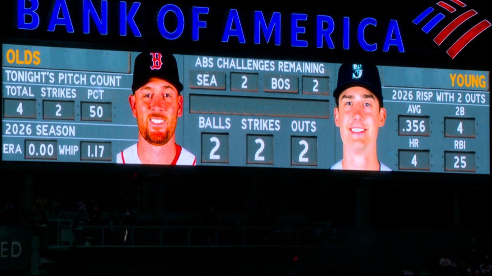 A scoreboard showing Red Sox pitcher Wyatt Olds and Mariners batter Cole Young