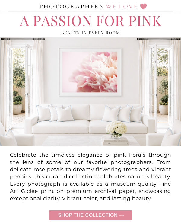 Photographers We Love - A Passion for Pink: Beauty in Every Room. Celebrate the timeless elegance of pink florals through the lens of some of our favorite photographers. From delicate rose petals to dreamy flowering trees and vibrant peonies, this curated collection celebrates nature's beauty. Every photograph is available as a museum-quality Fine Art Giclee print on premium archival paper, showcasing exceptional clarity, vibrant color, and lasting beauty. Shop the Collection