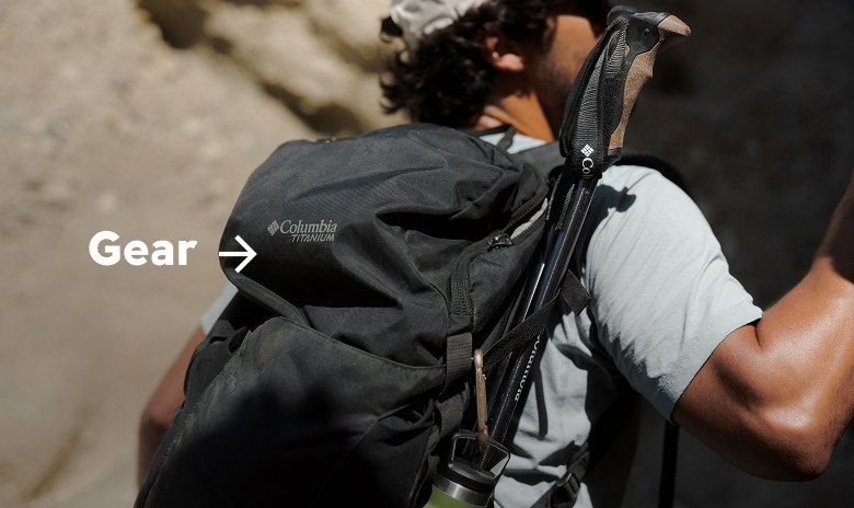 A man wearing a black backpack with text: Gear