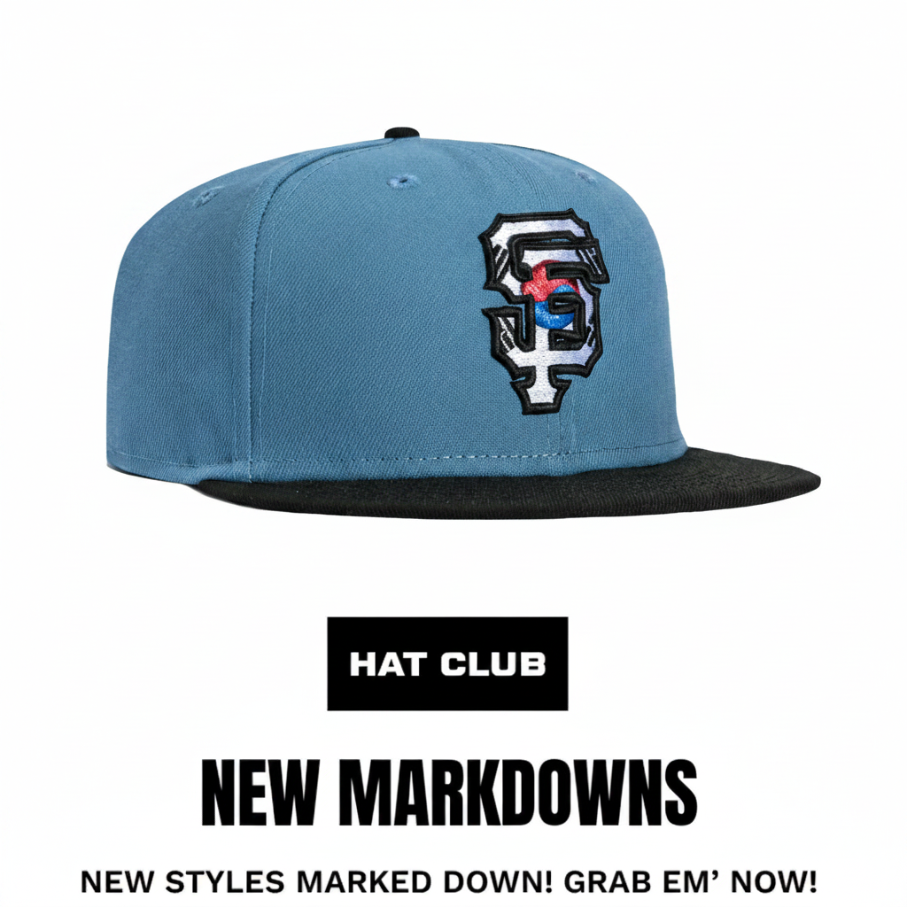 A blue and black baseball cap with an embroidered logo, advertising new markdowns.