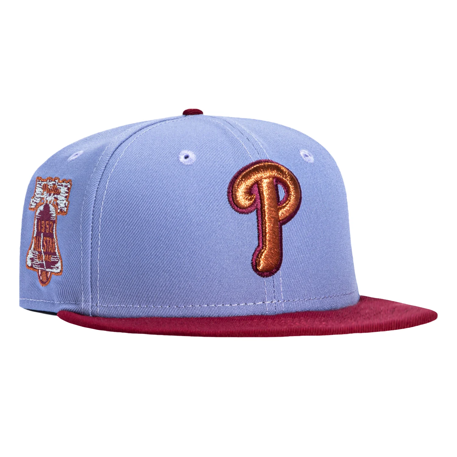 Image of New Era 59Fifty Música Pack Philadelphia Phillies 1952 All Star Game Patch Hat - Lavender, Cardinal, Metallic Copper