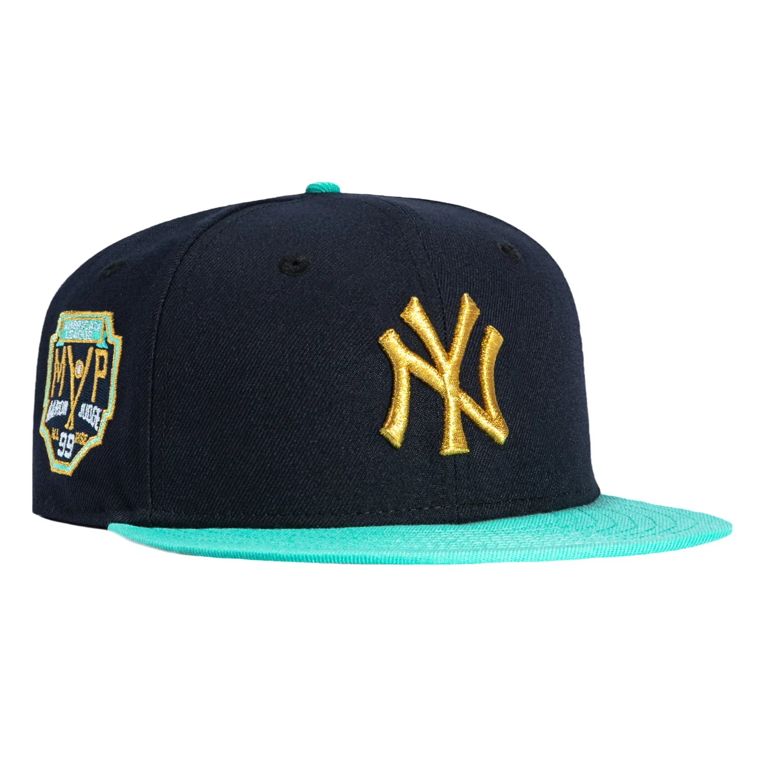 Image of New Era 59Fifty New York Yankees Aaron Judge MVP Patch Hat - Navy, Mint, Metallic Gold