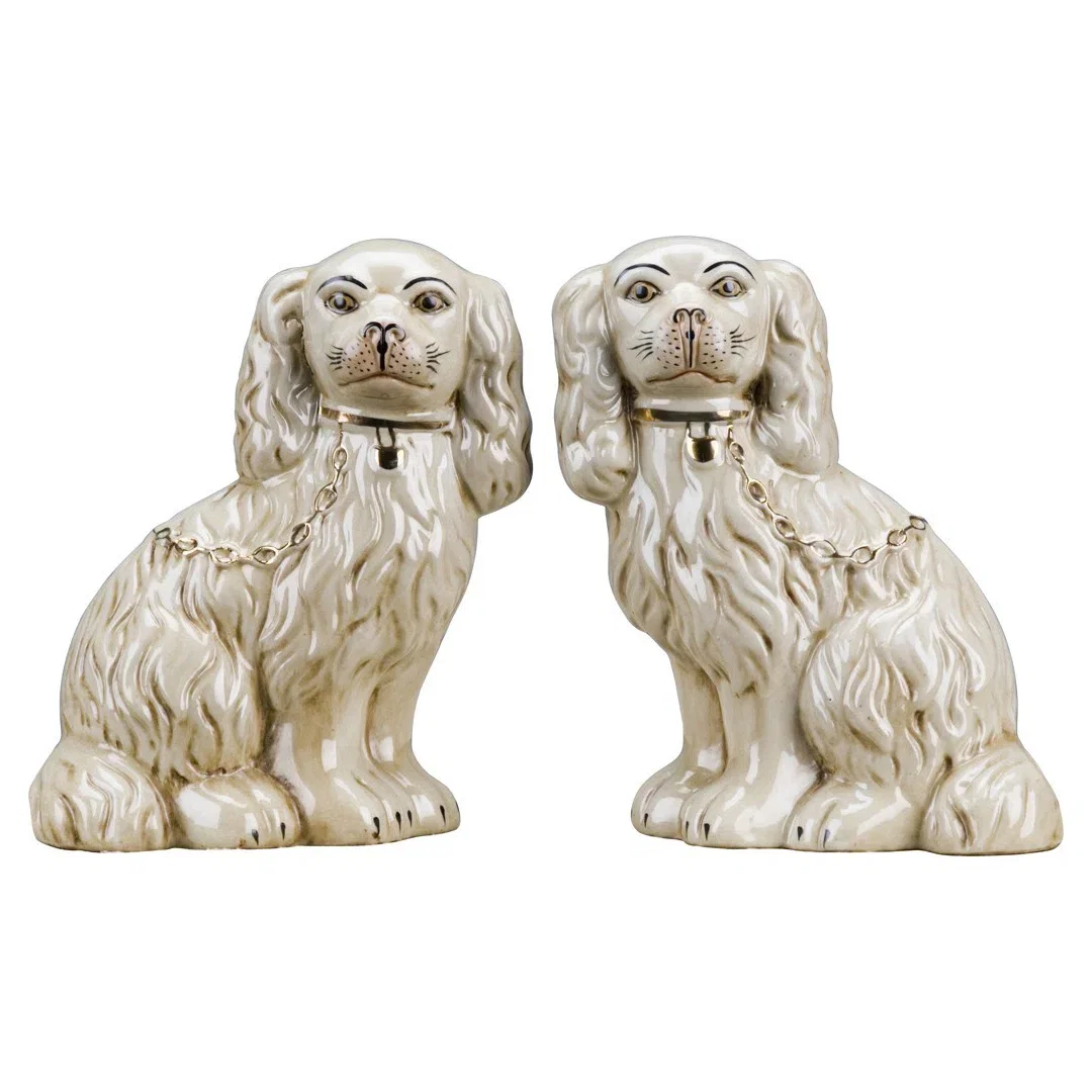 Staffordshire Dogs with Gold Chain - Antique Cream Figurine